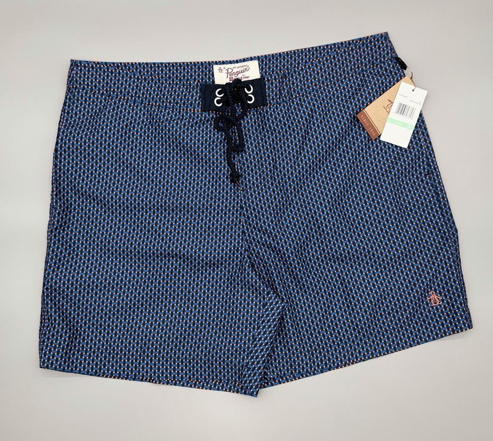 Original Penguin Mens Blue Orange Check Swim Trunks Sz 34 Munsingwear Drawstring